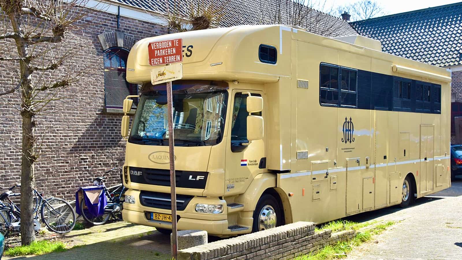 Cheval de course embarquant dans un van international avant un transport vers un hippodrome étranger.