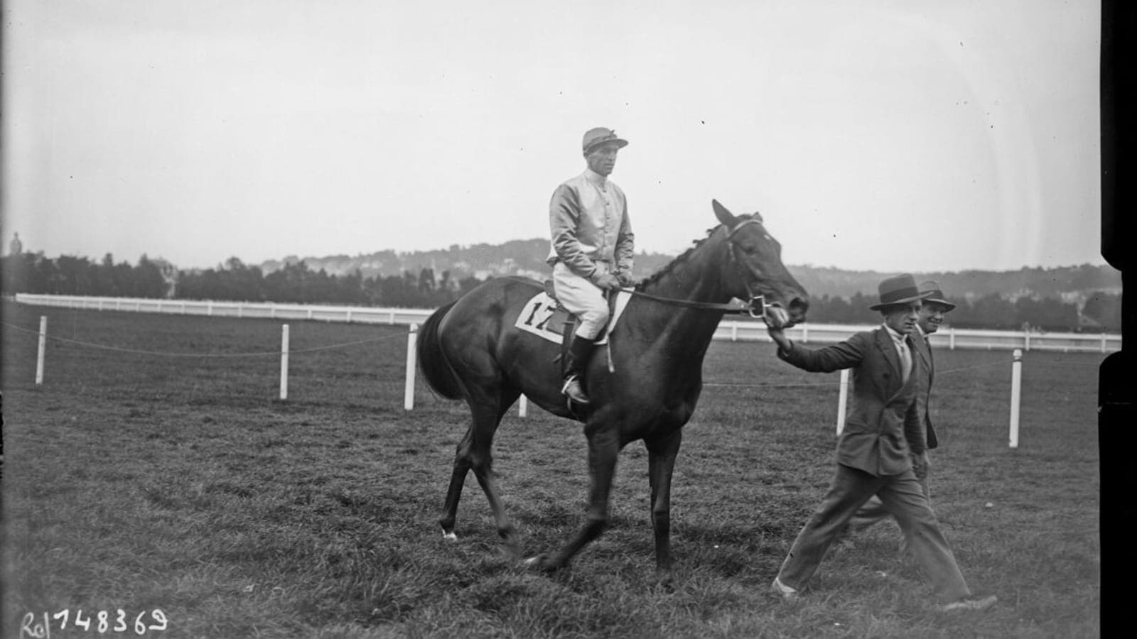 Chevaux de course pur-sang au galop sur la piste de l'hippodrome de Deauville en Normandie, pôle des courses et de l'élevage.